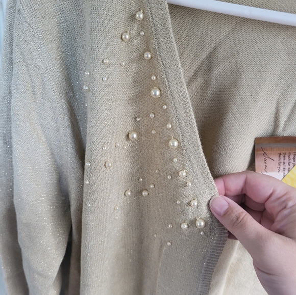 New with tags susan graver style Womens 1X sweater Cardigan gold glittered pearl - Picture 2 of 8